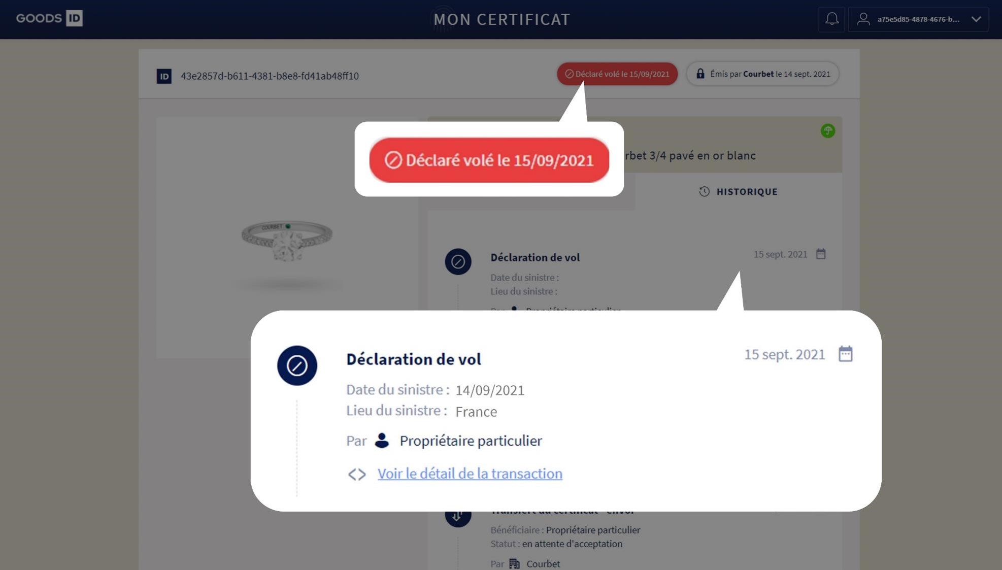 Vue du certificat d'un bien déclaré volé